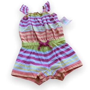 Timbree Girls Romper Size 6‎ Months Yellow Peach Green Pink White Striped NEW